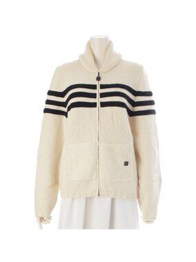Chanel Wool Cashmere Sports Border Zip Up Knit Top Ivory 40